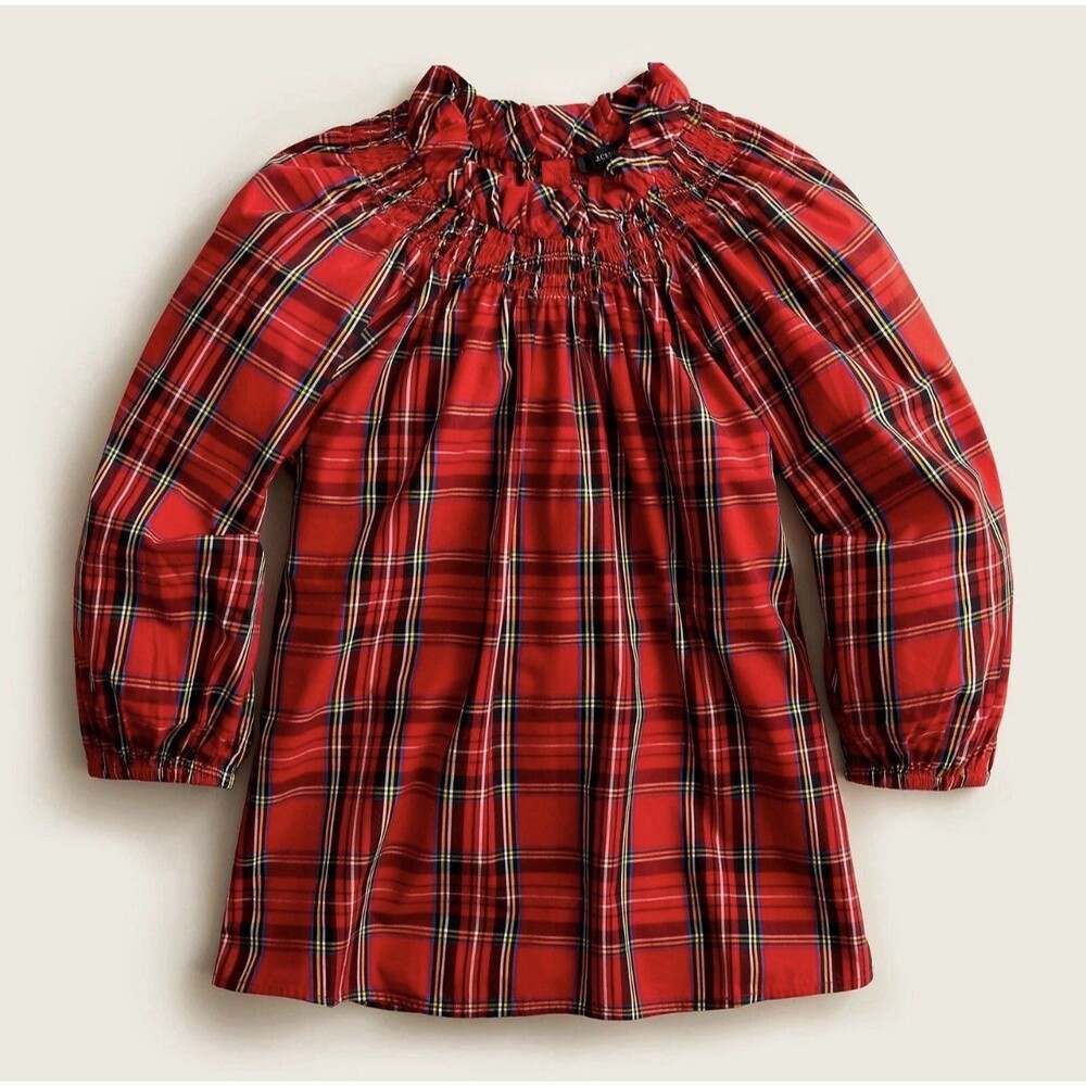 J Crew sz Small Smocked-Neck Top Red Tartan Plaid Christmas